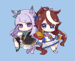 Rule 34 | 2girls, animal ears, ascot, asymmetrical gloves, black footwear, black jacket, black skirt, blue background, blue eyes, blue gloves, blue legwear, blush, boots, bow, brown hair, chibi, closed mouth, commentary request, cup, disposable cup, drinking straw, ear ribbon, epaulettes, frilled jacket, frills, gloves, green bow, green ribbon, hair ribbon, holding, holding cup, horse ears, horse girl, horse tail, jacket, long hair, mejiro mcqueen (umamusume), mismatched gloves, multicolored hair, multiple girls, neckerchief, nozo (hitomiz), pink neckerchief, pink ribbon, pleated skirt, ponytail, purple eyes, purple hair, ribbon, saucer, short eyebrows, simple background, single epaulette, skirt, smile, socks, streaked hair, tail, teacup, thick eyebrows, tokai teio (umamusume), umamusume, very long hair, white footwear, white gloves, white hair, white jacket, white skirt