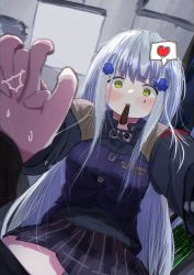 Rule 34 | 1boy, 1girl, absurdres, blush, candy, food, girls&#039; frontline, green eyes, highres, hk416 (girls&#039; frontline), holding hands, long hair, long sleeves, looking at viewer, noise, pocky day, pov, ryunosuke nikaido, silver hair, straddling, sweets, teardrop facial mark
