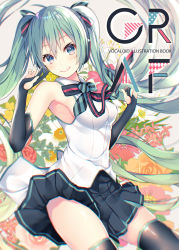 Rule 34 | 1girl, bare shoulders, black gloves, black skirt, black thighhighs, blue eyes, breasts, brown rose, chromatic aberration, collared shirt, commentary request, copyright name, elbow gloves, fingernails, flower, gloves, green hair, hair between eyes, hands up, hatsune miku, long hair, medium breasts, partially fingerless gloves, pleated skirt, red flower, red rose, rose, shiomizu (swat), shirt, skindentation, skirt, sleeveless, sleeveless shirt, solo, thighhighs, twintails, very long hair, vocaloid, white flower, white shirt, yellow flower