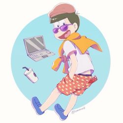 Rule 34 | 10s, 1boy, bad id, bad twitter id, beret, brown hair, cardigan, circle, computer, cup, disposable cup, from behind, glasses, hands in pockets, hat, laptop, male focus, matsuno osomatsu, osomatsu-kun, osomatsu-san, osomatsu (series), patterned, patterned clothing, script, shonano, shorts, smile, solo, sunglasses, twitter username