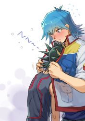 Rule 34 | 2boys, :o, absurdres, black hair, black tank top, blue hair, blue shirt, blush, breast pocket, bruno (yu-gi-oh!), couple, covering face, flying sweatdrops, fudou yuusei, grey eyes, hands up, head on chest, highres, hug, jacket, male focus, multicolored hair, multiple boys, pants, parted lips, pocket, shirt, short hair, simple background, sleeping, sleepy, sleeves rolled up, spiked hair, squeans, standing, streaked hair, tank top, translation request, yaoi, youko-shima, yu-gi-oh!, yu-gi-oh! 5d&#039;s, zzz