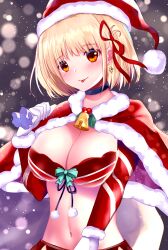 Rule 34 | 1girl, :p, bag, bell, black choker, blonde hair, blush, bow, breasts, capelet, choker, christmas, cleavage, closed mouth, commentary, diamond earrings, earrings, fur-trimmed capelet, fur-trimmed sleeves, fur trim, gift bag, gloves, green bow, hair between eyes, hair ribbon, hand up, hat, highres, holding, holding bag, izumikuu, jewelry, large breasts, long sleeves, looking at viewer, lycoris recoil, midriff, mistletoe, navel, neck bell, nishikigi chisato, one side up, pom pom (clothes), red eyes, red ribbon, red sleeves, ribbon, santa capelet, santa costume, santa hat, short hair, simple background, smile, snowing, solo, stomach, straight hair, tongue, tongue out, upper body, variant set, white fur, white gloves