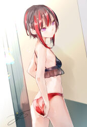 1girl black_hair breasts heaven_burns_red mikoto_fubuki multicolored_hair purple_eyes red_hair short_hair sidelocks small_breasts solo streaked_hair swimsuit yuugen