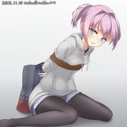 Rule 34 | 1girl, backwards text, bag, bdsm, black pantyhose, blue eyes, blush, bondage, bound, breasts, closed mouth, dated, from side, gradient background, hair intakes, highres, hood, hoodie, kantai collection, looking at viewer, nuka (nvkka), one-hour drawing challenge, pantyhose, pocket, ponytail, shiranui (kancolle), short hair, short shorts, shorts, sitting, small breasts, solo, wariza
