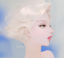 Rule 34 | 1girl, artist name, bare shoulders, blonde hair, commentary, dadachyo, eyelashes, green eyes, lips, lipstick, looking away, makeup, mascara, nose, original, parted lips, pink lips, portrait, profile, short hair, solo, swept bangs, upper body