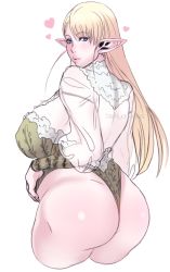 Rule 34 | 1girl, absurdres, ass, blue eyes, blush, covered erect nipples, elf, elf-san wa yaserarenai., elfuda (elf-san wa yaserarenai.), fingernails, heart, highres, long hair, looking down, parted lips, pink lips, pointy ears, see-through, signature, simple background, solo, steffydoodles, white background