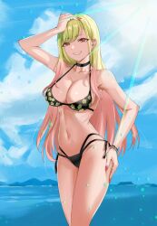Rule 34 | 1girl, absurdres, arm up, bikini, black bikini, black choker, blonde hair, blue sky, breasts, choker, collarbone, day, dot nose, eyebrows, eyelashes, feet out of frame, female focus, fingernails, gradient hair, grin, hand on own head, hand on own thigh, highres, kitagawa marin, kuuhaku (pskf2372), large breasts, long fingernails, long hair, looking at viewer, multicolored hair, nail polish, navel, orange hair, outdoors, red eyes, red nails, sky, smile, solo, sono bisque doll wa koi wo suru, standing, swimsuit, teeth, two-tone hair, water