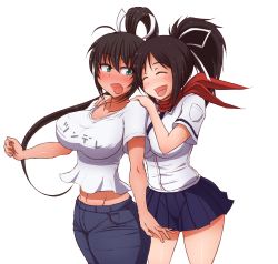 Rule 34 | 10s, 1girl, absurdres, asuka (senran kagura), breasts, brown hair, closed eyes, denim, female focus, green eyes, groin, highres, homura (senran kagura), huge breasts, impossible clothes, impossible shirt, jeans, long hair, midriff, miniskirt, open mouth, pants, pleated skirt, ponponmaru, ponytail, school uniform, senran kagura, shirt, simple background, skirt, standing, thighs, translation request, white background, yuri