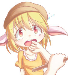 Rule 34 | 1girl, absurdres, animal ears, blonde hair, rabbit ears, dior-zi, hat, highres, out of frame, red eyes, ringo (touhou), scared, seiran (touhou), tears, touhou