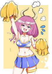 Rule 34 | 1girl, :o, arm up, artist request, aura (sousou no frieren), bad link, blue eyes, blue skirt, blush, braid, breasts, cheerleader, drawfag, flying sweatdrops, highres, horns, looking at viewer, medium breasts, pom pom (cheerleading), purple hair, skirt, solo, sousou no frieren, standing, thigh strap, yellow background