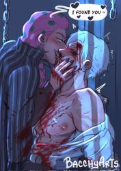 Rule 34 | 2boys, artist name, bacchyarts, black sclera, bleeding, blood, blood on clothes, blood on face, blush, chain, colored sclera, diavolo, english text, green eyes, highres, jojo no kimyou na bouken, licking another&#039;s face, long hair, male focus, multiple boys, nipples, pants, pink hair, red eyes, risotto nero, shirt, speech bubble, trembling, vento aureo, white hair, yaoi