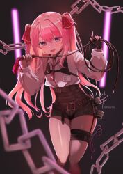 Rule 34 | 1girl, belt, black gloves, black shorts, blush, breasts, chain, collared shirt, fingerless gloves, flat chest, gloves, goddess of victory: nikke, hair ribbon, hashita, holding, holding whip, id card, long hair, mole, mole under mouth, necktie, open mouth, pink hair, pink ribbon, purple eyes, red necktie, ribbon, shirt, shirt tucked in, shorts, single glove, small breasts, solo, thighs, twintails, whip, white shirt, yuni (nikke)