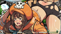 Rule 34 | 1girl, ass, blush, brown eyes, brown hair, doggystyle, fingerless gloves, gloves, grabbing, guilty gear, guilty gear strive, hat, hetero, long hair, mark gavatino, may (guilty gear), open mouth, orange headwear, pirate hat, rape, sex, sex from behind, skull and crossbones, sol badguy, solo focus, sweat, trembling