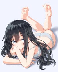 Rule 34 | 1girl, asashio (kancolle), ass, barefoot, black hair, blue eyes, bra, butt crack, dd (ijigendd), highres, kantai collection, knees together feet apart, long hair, looking at viewer, lying, on stomach, panties, solo, the pose, underwear, underwear only