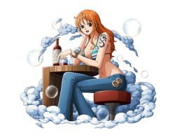 Rule 34 | 1girl, alcohol, arm tattoo, bikini, bikini top only, blue pants, bodskih, bottle, bracelet, breasts, brown eyes, bubble, chair, cleavage, cloud, collarbone, crossed legs, denim, drink, earrings, glass, groin, head rest, jeans, jewelry, large breasts, log pose, long hair, midriff, nami (one piece), navel, one piece, one piece treasure cruise, open mouth, orange hair, pants, sitting, solo, stomach, swimsuit, tattoo, transparent background