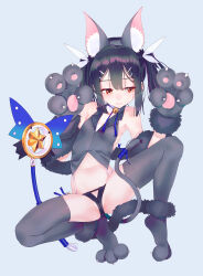 Rule 34 | 1girl, absurdres, animal ears, animal hands, artist request, bare shoulders, bell, black hair, blush, breasts, brown eyes, cat ears, cat paws, cat tail, crop top, fate/kaleid liner prisma illya, fate (series), feather hair ornament, feathers, fur trim, gloves, grey gloves, grey thighhighs, hair ornament, hairclip, highres, jingle bell, kaleidostick, legs, long hair, looking to the side, magical sapphire, miyu edelfelt, navel, paw gloves, paw shoes, shoes, simple background, small breasts, solo, spread legs, tail, thighhighs, thighs, twintails, wand