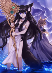 Rule 34 | 2girls, animal ears, armlet, bare shoulders, black hair, bracelet, brown hair, cape, cloud, cloudy sky, commentary request, contrapposto, dress, fox ears, fox tail, hair between eyes, hair ornament, hairclip, highres, holding, jewelry, konshin, light rays, long hair, looking at viewer, multiple girls, original, parted lips, pelvic curtain, purple cape, purple eyes, sky, staff, standing, tail, very long hair, water, waving, white dress