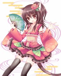 Rule 34 | 1girl, :d, animal ears, black thighhighs, blush, brown eyes, brown hair, cat ears, cat girl, cat tail, collarbone, commentary request, detached sleeves, egasumi, flower, folding fan, frilled kimono, frills, hair between eyes, hair flower, hair ornament, hand fan, head tilt, high ponytail, holding, holding fan, japanese clothes, kimono, kimono skirt, long hair, long sleeves, looking at viewer, obi, open mouth, original, red kimono, sash, shikito (yawa0w0), short kimono, sidelocks, sleeveless, sleeveless kimono, smile, solo, tail, thighhighs, wide sleeves