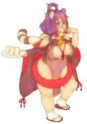 Rule 34 | 1girl, absurdres, animal ears, arm up, bare shoulders, blush, breasts, breasts apart, character request, clothing request, commentary request, copyright request, covered navel, crumbs, dot nose, feral lemma, food, food on face, full body, hair between eyes, hairstyle request, highres, holding, holding plate, looking at viewer, looking to the side, medium hair, onigiri, paid reward available, plate, purple hair, raised eyebrows, revealing clothes, rope, sandals, shimenawa, simple background, solo, striped tail, tail, tareme, thick thighs, thighs, tongue, tongue out, white background, white legwear