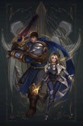 Rule 34 | 1boy, 1girl, armor, black gloves, blonde hair, blue eyes, blue scarf, boobplate, boots, bracer, breastplate, brother and sister, brown footwear, brown hair, character name, covered navel, garen (league of legends), gloves, greaves, hairband, highres, hou akira, league of legends, long hair, looking at viewer, lux (league of legends), parted lips, scarf, siblings, smile, staff, standing, sword, weapon