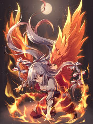 Rule 34 | 1girl, armband, bird tail, bird wings, brown footwear, commentary request, embers, eyes visible through hair, feathers, fire, forest, fujiwara no mokou, full body, full moon, hair blowing, hair ribbon, hand on ground, highres, juliet sleeves, kozakura (dictionary), long hair, long sleeves, looking at viewer, moon, nature, night, ofuda, on one knee, open pants, outdoors, outstretched hand, pants, ponytail, puffy sleeves, red eyes, red pants, ribbon, shirt, sidelocks, silver hair, smile, suspenders, torn clothes, torn sleeves, touhou, very long hair, white shirt, wings