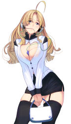 Rule 34 | 1girl, ahoge, bag, between breasts, black skirt, black thighhighs, blonde hair, blue eyes, breasts, cleavage, cleavage cutout, clothing cutout, cowboy shot, digital media player, eyes visible through hair, facing viewer, garter straps, hair in own mouth, handbag, headphones, highres, holding, holding bag, ipod, jacket, kouno (masao), large breasts, long hair, long sleeves, looking at viewer, microskirt, miniskirt, original, parted bangs, pencil skirt, simple background, skirt, solo, standing, thighhighs, track jacket, v arms, white background, zettai ryouiki