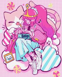 Rule 34 | 1girl, adventure time, beamed eighth notes, blush, cat, closed eyes, cloud, colored skin, crisalys, eighth note, heart, highres, lightning bolt symbol, long hair, long sleeves, musical note, open mouth, pink hair, pink skin, ponytail, princess bonnibel bubblegum, puffy sleeves, shoes, skirt, socks, solo, striped, tiara, white footwear, white skirt, winged footwear