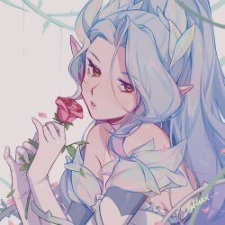 Rule 34 | 1girl, absurdres, asymmetrical bangs, bare shoulders, blush, crystal rose zyra, flower, from side, gloves, green eyes, highres, holding, holding flower, league of legends, long hair, pointy ears, ponytail, red flower, ruan chen yue, signature, simple background, solo, thorns, upper body, white background, white gloves, zyra