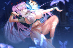 Rule 34 | 1girl, adapted costume, alternate costume, alternate hairstyle, arabian clothes, aura, bracelet, breasts, bug, butterfly, darkness, hair ribbon, hata no kokoro, highleg, highleg panties, insect, jewelry, knee up, large breasts, leg up, leggings, light particles, long hair, mask, night, noh mask, outdoors, outstretched arm, panties, pink eyes, pink hair, plaid, revealing clothes, ribbon, see-through, shawl, shounen (hogehoge), shrine, smile, solo, stomach, thong, touhou, tree, twintails, underwear, veil