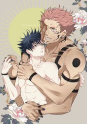 Rule 34 | 2boys, abs, arm tattoo, black nails, chest tattoo, collarbone, commentary request, couple, cropped torso, evil grin, evil smile, extra arms, extra eyes, facial tattoo, fingernails, flower, fushiguro megumi, green eyes, grey eyes, grin, highres, holding hands, hug, jujutsu kaisen, looking at viewer, male focus, multiple boys, muscular, muscular male, nail polish, pectorals, pink hair, ryoumen sukuna (jujutsu kaisen), ryoumen sukuna (true form) (jujutsu kaisen), sato zero915, short hair, shoulder tattoo, size difference, smile, spiked hair, tattoo, topless male, veins, yaoi
