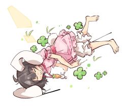 Rule 34 | 1girl, :3, barefoot, black hair, bob cut, carrot necklace, closed eyes, clover, dress, fangs, four-leaf clover, full body, inaba tewi, jewelry, necklace, on floor, pillow, pink dress, primsla, rabbit tail, short hair, simple background, sleeping, solo, tail, touhou, white background