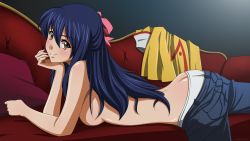 Rule 34 | 1girl, agent aika, aika (series), artist name, ass, back, blue hair, blue pants, blush, bow, breasts, brown eyes, butt crack, closed mouth, clothes pull, couch, dated, delmo, denim, deviantart, eyebrows, female focus, golden delmo, hair ornament, hair ribbon, highres, indoors, jeans, legs, long hair, looking at viewer, lying, medium breasts, nakiroe, no bra, on stomach, panties, pants, pants pull, pantyshot, ribbon, rie petoriyacowa, smile, solo, text focus, tomboy, topless, underwear, very long hair, white panties