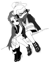 Rule 34 | 1boy, 1girl, agent 3 (splatoon), agent 8 (splatoon), blush, boots, cape, closed eyes, crop top, dede (qwea 00000), greyscale, head on another&#039;s shoulder, high heel boots, high heels, inkling, inkling boy, inkling player character, looking to the side, monochrome, nintendo, octoling, octoling girl, octoling player character, ponytail, sitting, smile, splatoon (series), splatoon 2, splatoon 2: octo expansion, tentacle hair, torn cape, torn clothes