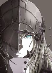 Rule 34 | 1girl, abyssal ship, blue eyes, boushi-ya, buttons, commentary request, european water princess, grey hair, helmet, kantai collection, long hair, one eye covered, serious, shatter, simple background, solo