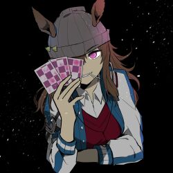 Rule 34 | 1girl, animal ears, beanie, black background, blue jacket, brown hair, candy, card, collared shirt, cropped torso, ears through headwear, food, food in mouth, grey hat, grin, hat, highres, holding, holding card, horse ears, jacket, lollipop, long hair, long sleeves, looking at viewer, mimi (usausamm5), nakayama festa (umamusume), open clothes, open jacket, pink eyes, red sweater, shirt, smile, solo, sweater, sweater vest, umamusume, upper body