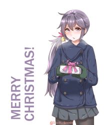 Rule 34 | 10s, 1girl, akebono (kancolle), artist name, bell, black pantyhose, blush, box, chestnut mouth, coat, commentary request, cowboy shot, disco brando, flower, gift, gift box, hair bell, hair between eyes, hair flower, hair ornament, highres, jingle bell, kantai collection, long hair, looking at viewer, merry christmas, miniskirt, mittens, open mouth, pantyhose, pleated skirt, purple eyes, purple hair, side ponytail, sidelocks, simple background, skirt, solo, tongue, tsundere, twitter username, very long hair, winter clothes, winter coat