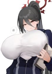 Rule 34 | 1girl, black hair, blue archive, blue jacket, blush, breast conscious, breasts, clipboard, closed mouth, from below, hair between eyes, halo, hasumi (blue archive), hasumi (track) (blue archive), highres, holding, holding clipboard, huge breasts, jacket, long hair, looking down, mole, mole under eye, partially unzipped, ponytail, red eyes, satou daiji, shirt, simple background, solo, upper body, white background, white shirt