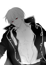 Rule 34 | 1boy, bun cover, collared shirt, gintama, greyscale, jacket, loli bushi, long sleeves, loose clothes, male focus, monochrome, navel, okita sougo, parted lips, pectorals, red eyes, shirt, simple background, smirk, solo, spot color, stomach, uniform, upper body, white background