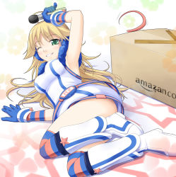 Rule 34 | 1girl, ahoge, amazon (company), blonde hair, boots, box, brand name imitation, brandname parody, cardboard box, cosplay, crossover, gloves, green eyes, hoshii miki, idolmaster, idolmaster (classic), kazami fukashido, long hair, microphone, miki (cosplay), multicolored clothes, multicolored legwear, name connection, one eye closed, product placement, sf-a2 miki, sf-a2 miki (cosplay), solo, striped clothes, striped thighhighs, thighhighs, vocaloid, wink