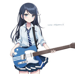 Rule 34 | 1girl, black eyes, black hair, blue necktie, blue shirt, blush, buttons, closed mouth, collared shirt, commentary, cowboy shot, dot nose, english text, guitar, high-waist skirt, highres, holding, holding instrument, holding plectrum, hoshino ichika (project sekai), instrument, lawson, long bangs, long hair, looking at viewer, necktie, noneon319, open collar, pinstripe pattern, pinstripe shirt, pleated skirt, plectrum, project sekai, shirt, shirt tucked in, sidelocks, signature, simple background, skirt, sleeves rolled up, smile, solo, star (symbol), striped, striped necktie, swept bangs, thighs, white background