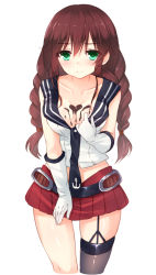 Rule 34 | 10s, 1girl, blush, braid, breasts, brown hair, candy, chocolate, chocolate heart, cleavage, elbow gloves, food, garter straps, gloves, green eyes, heart, heart on chest, highres, kantai collection, large breasts, light smile, looking at viewer, miko (royal milk), necktie, noshiro (kancolle), school uniform, serafuku, shiny skin, single thighhigh, skindentation, skirt, thighhighs, twin braids, white gloves