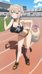 Rule 34 | 1girl, animal ears, black footwear, black sports bra, blue eyes, blush, breasts, brown hair, buruma, cleavage, collarbone, commentary, commission, copyright request, dog ears, dog girl, dog tail, extra ears, full body, hair ornament, hand on own hip, hand up, highres, hood (james x), large breasts, looking at viewer, navel, orange buruma, racetrack, shadow, shoes, short hair, smile, solo, sports bra, standing, star (symbol), star hair ornament, tail, white wrist cuffs, wrist cuffs