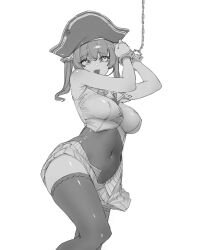 Rule 34 | 1girl, absurdres, bare arms, bare shoulders, bicorne, bound, breasts, buttons, cleavage, cropped jacket, cuffs, frills, greyscale, hair ribbon, handcuffs, hat, highres, hip focus, hololive, houshou marine, jacket, kingjilun1, lapels, large breasts, leotard, leotard under clothes, long hair, looking at viewer, midriff, miniskirt, monochrome, navel, pirate, pirate hat, pleated skirt, restrained, ribbon, see-through, see-through cleavage, see-through leotard, see-through midriff, skirt, sleeveless, sleeveless jacket, solo, stomach, thighhighs, twintails, virtual youtuber, white background