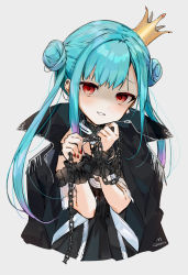 Rule 34 | 1girl, aqua hair, asymmetrical hair, black choker, black coat, black dress, chain, choker, coat, coat on shoulders, crown, double bun, dress, earrings, empty eyes, fingernails, flat chest, frilled dress, frilled straps, frills, ghost earrings, gotou (nekocat), gradient hair, grin, hair bun, highres, holding, holding chain, hololive, jewelry, lace, lace choker, long hair, looking at viewer, multicolored hair, nail polish, off-shoulder dress, off shoulder, pink hair, popped collar, red eyes, red nails, see-through, see-through sleeves, shaded face, short sleeves, sidelocks, smile, solo, tilted headwear, twintails, uneven twintails, uruha rushia, uruha rushia (3rd costume), virtual youtuber, w arms, wristband, yandere