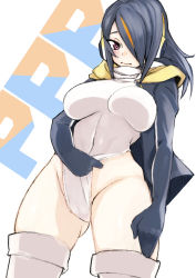 Rule 34 | 10s, 1girl, black gloves, black hair, boots, breasts, brown eyes, closed mouth, clothing aside, commentary request, covered navel, cowboy shot, emperor penguin (kemono friends), frown, gloves, hair over one eye, headphones, highleg, highleg leotard, highres, hood, hoodie, idol, jacket, kemono friends, large breasts, leotard, leotard aside, long hair, looking at viewer, multicolored hair, penguins performance project (kemono friends), saku (saku1151), solo, standing, thigh boots, thighhighs, white background, white footwear, white leotard, white thighhighs