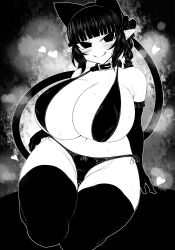 Rule 34 | 1girl, :q, animal ears, blunt bangs, bow, bra, braid, breasts, cat ears, cat girl, cat tail, cleavage, closed mouth, collar, commentary request, curvy, elbow gloves, extra ears, full body, gloves, greyscale, groin, hair bow, haseru (ginku mh), heart, huge breasts, kaenbyou rin, looking at viewer, monochrome, multiple tails, nekomata, panties, pointy ears, seiza, side-tie panties, side braids, sidelocks, sitting, smile, solo, tail, tongue, tongue out, touhou, twin braids, two tails, underwear