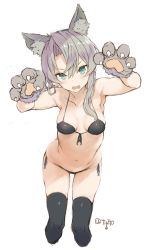 Rule 34 | 1girl, absurdres, alternate costume, animal ear fluff, animal ears, animal hands, asymmetrical hair, bikini, black bikini, black thighhighs, blue eyes, blush, breasts, cropped legs, fang, gloves, grey hair, hair between eyes, highres, kantai collection, looking at viewer, medium breasts, nowaki (kancolle), one-hour drawing challenge, open mouth, paw gloves, paw pose, ryo (tg290), side-tie bikini bottom, simple background, skin fang, solo, swimsuit, thighhighs, white background