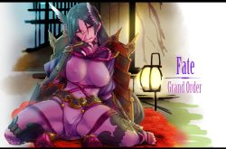 Rule 34 | 1girl, black hair, bodysuit, breasts, fate/grand order, fate (series), fingerless gloves, gloves, hand on own face, large breasts, long hair, minamoto no raikou (fate), purple eyes, rope, sitting, solo, torichamaru, very long hair, wariza