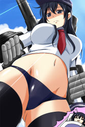 Rule 34 | 10s, 1girl, akatsuki (kancolle), black hair, black thighhighs, blue eyes, blue panties, blue sky, breasts, cannon, cloud, comic, day, dreaming, drooling, female focus, from below, futon, groin, hat, highres, kantai collection, large breasts, machinery, midriff, navel, neckerchief, nishi koutarou, no pants, aged up, panties, red neckerchief, shaded face, sky, solo, thighhighs, underwear