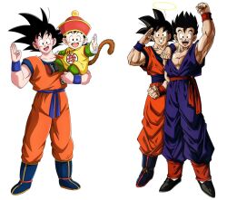 Rule 34 | age progression, black eyes, black hair, dragon ball, father and son, greeting, happy, highres, muscular, smile, son gohan, son goku, tagme